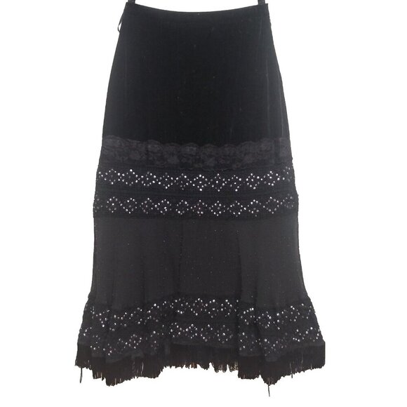 VTG Skirt Black Velvet boho fringed beaded Maxi 90s Michelle Antonelli elastic - Picture 2 of 10